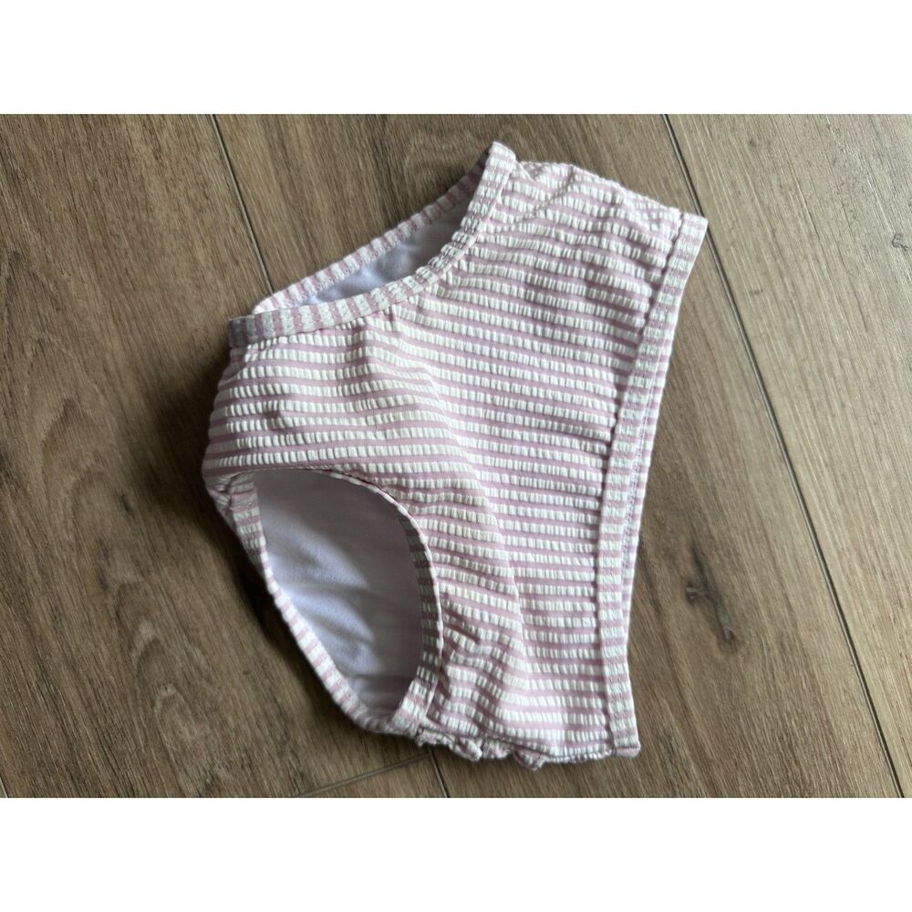 RuffleButts Girls Pink & White Seersucker Striped Ruffle Swim Bottoms Size 2T